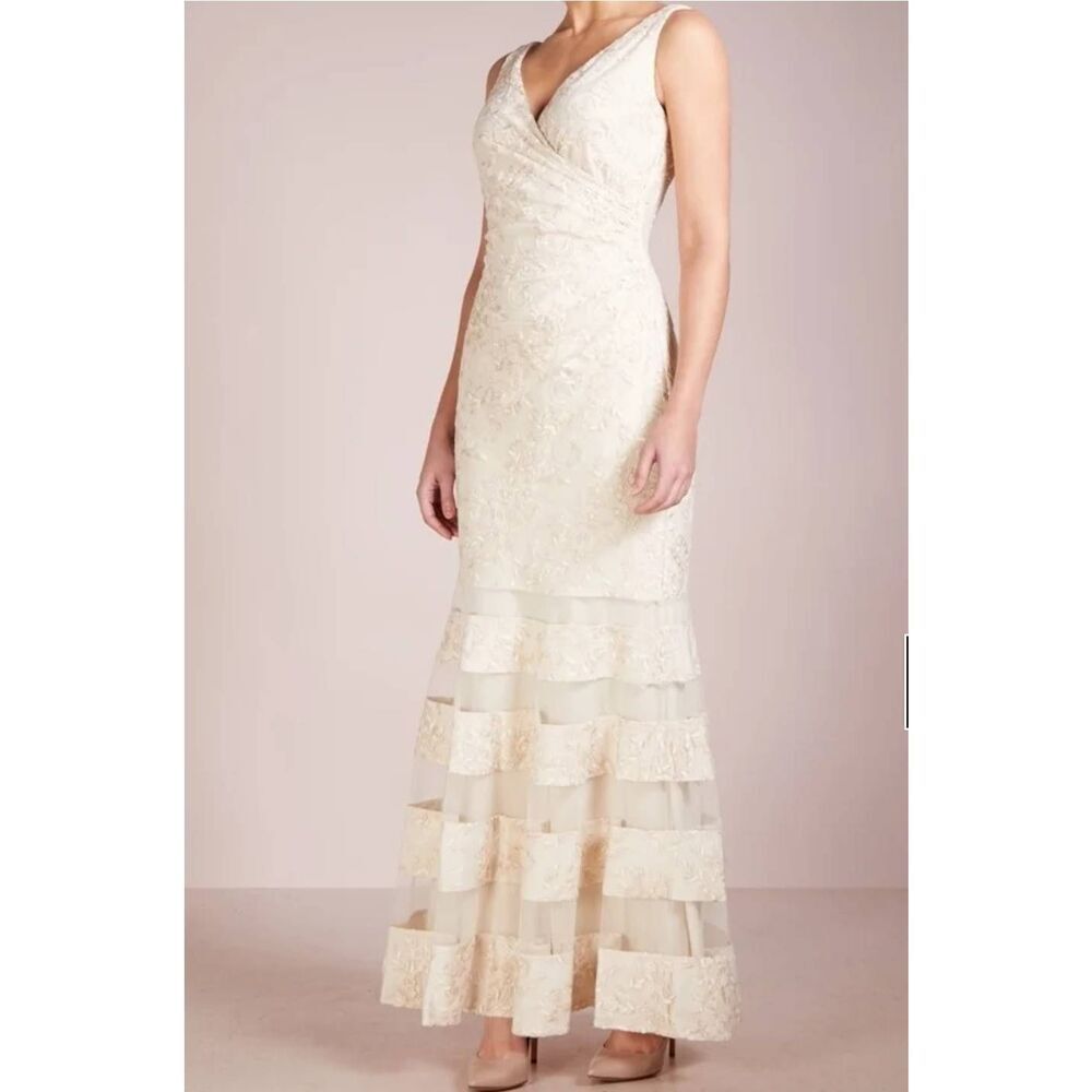 Lauren Ralph Lauren Maxi Dress 14 Evening Gown Formal Embroidered Lace Mesh Faux